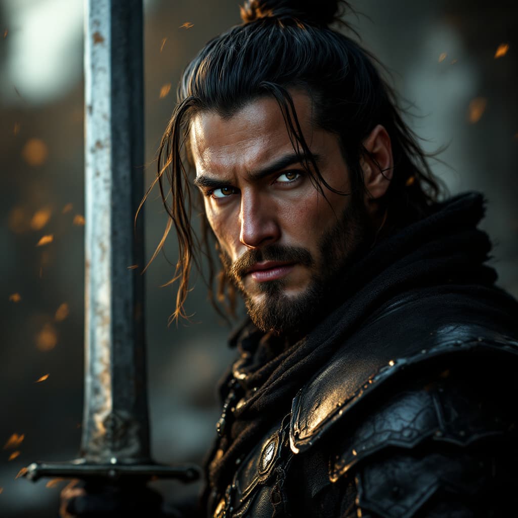 AI generated: Hyper realistic zoomout cinematic dynamatic  war scene of a strong, man, faint smile muscular body,s...
