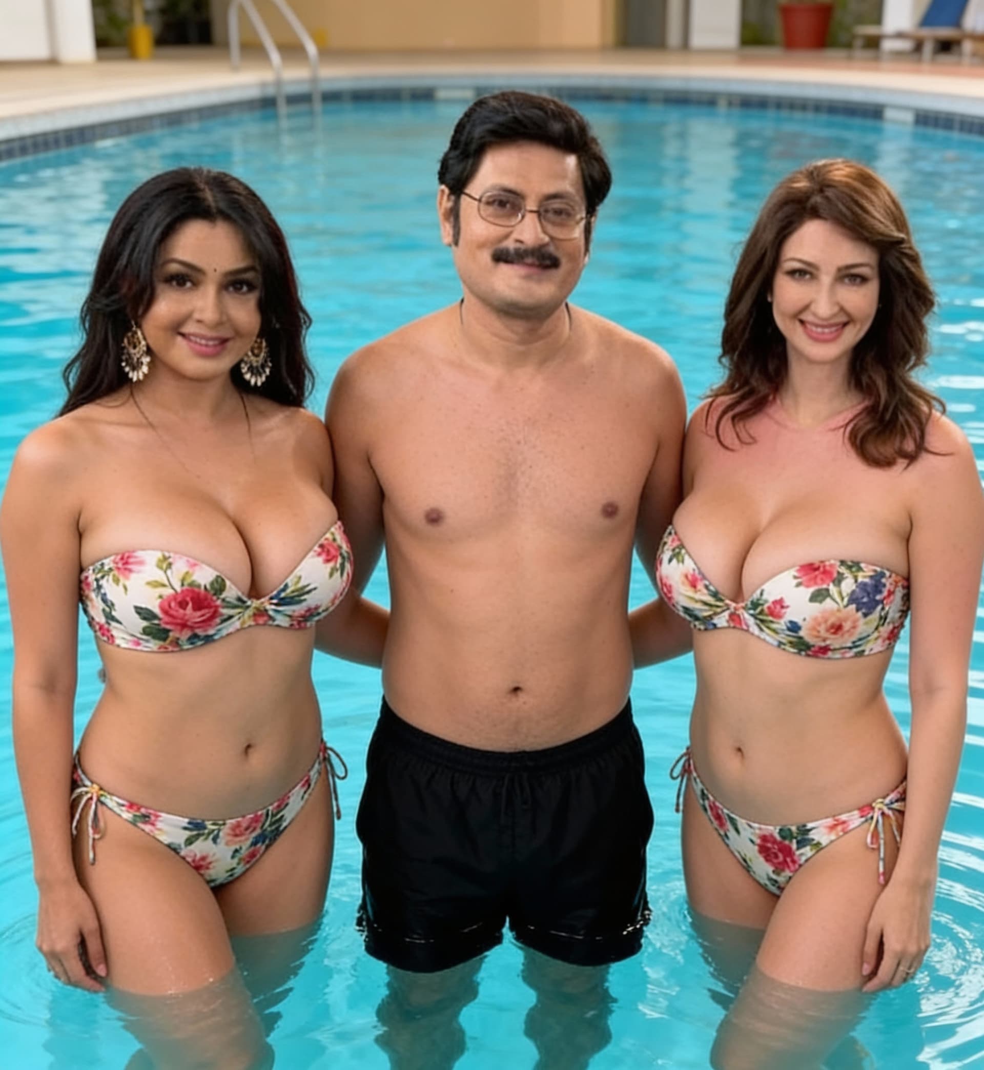 AI generated: The Women wearing a strapless floral print hot bikini bust size 36d and standing in swimming pool wi...