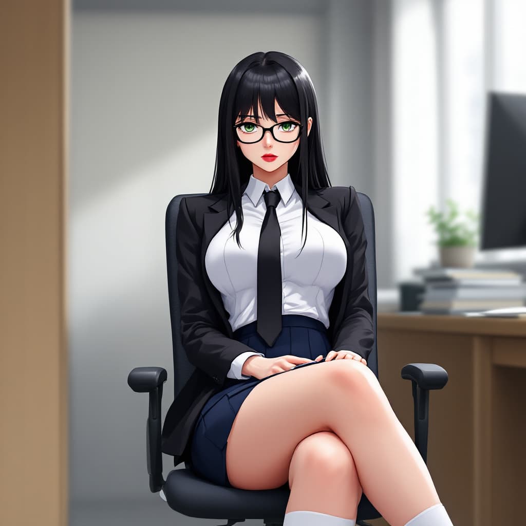 AI generated: anime, woman, black hair, long hair, green eyes, black glasses, red lips, white shirt, black tie, bl...