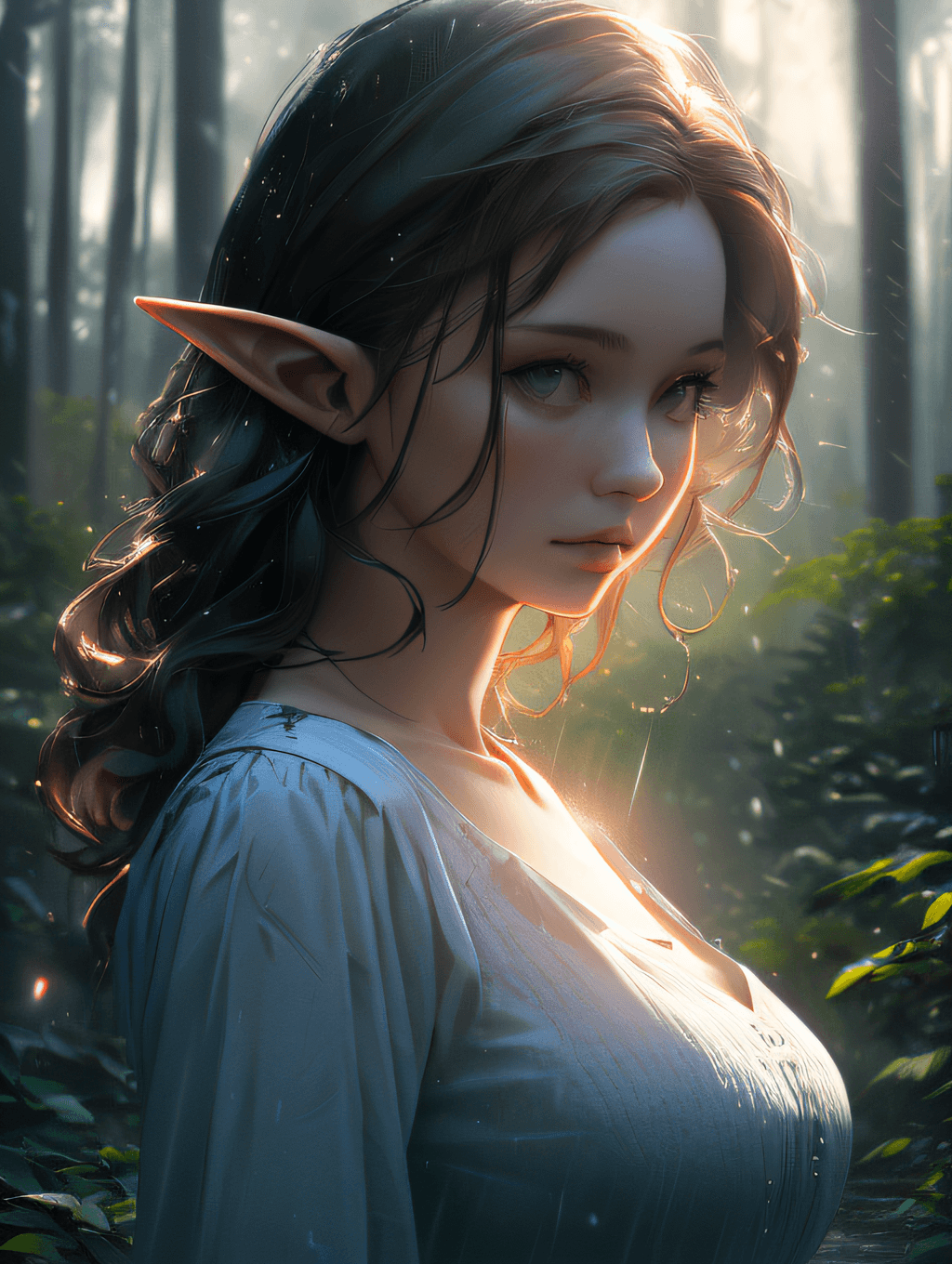AI generated: Pretty busty elf in a forest wearing only a torn outfit, scared look, mix4,(8k, RAW photo, best qual...