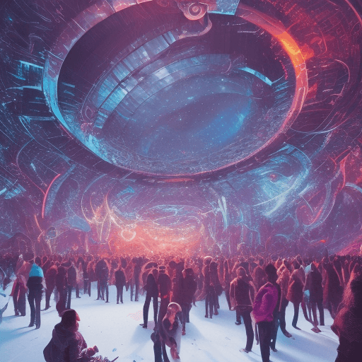 AI generated: inside of snow globe, in the style of tomorrowland party in belgium, main stage, with party lights, ...