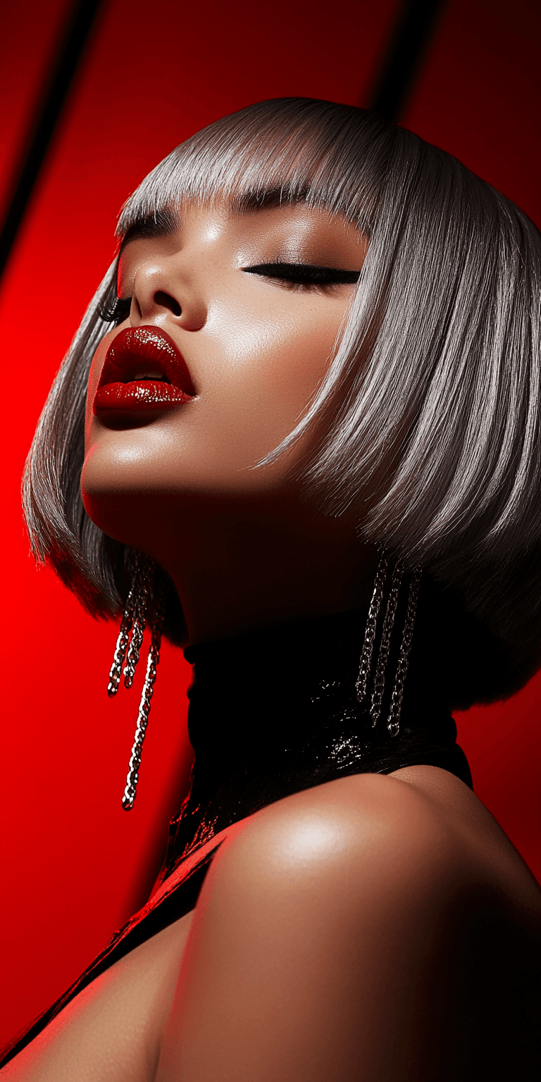 AI generated: A Woman With a Silver Bob Hair Cut Posing From a Side Look With Stage Lighting --ar 1:2 --style raw