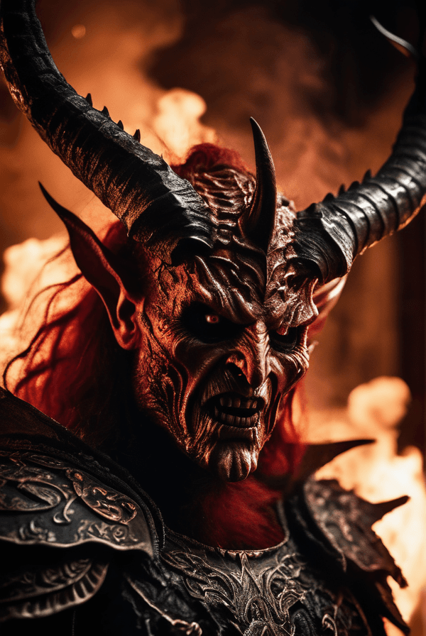 AI generated: (((face portrait))), Horror-themed cinematic film still,a horrifying red-skinned male demon king, (f...