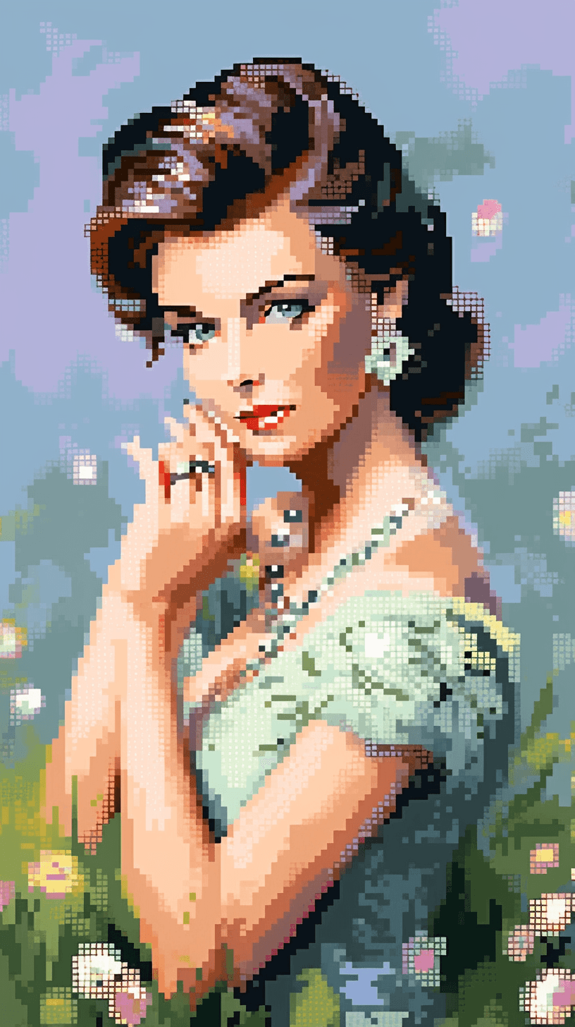 AI generated: A picture of a stunning woman holding a delicate flower, inspired by Audrey Hepburn, mesmerizing eye...