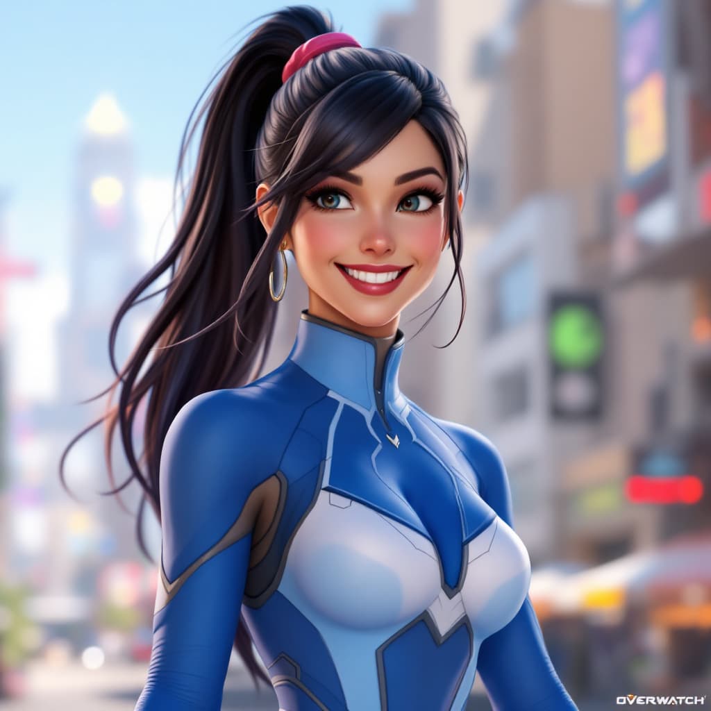 AI generated: Create an action shot of Dva from the Overwatch game, wearing a blue and white spandex bodysuit. She...