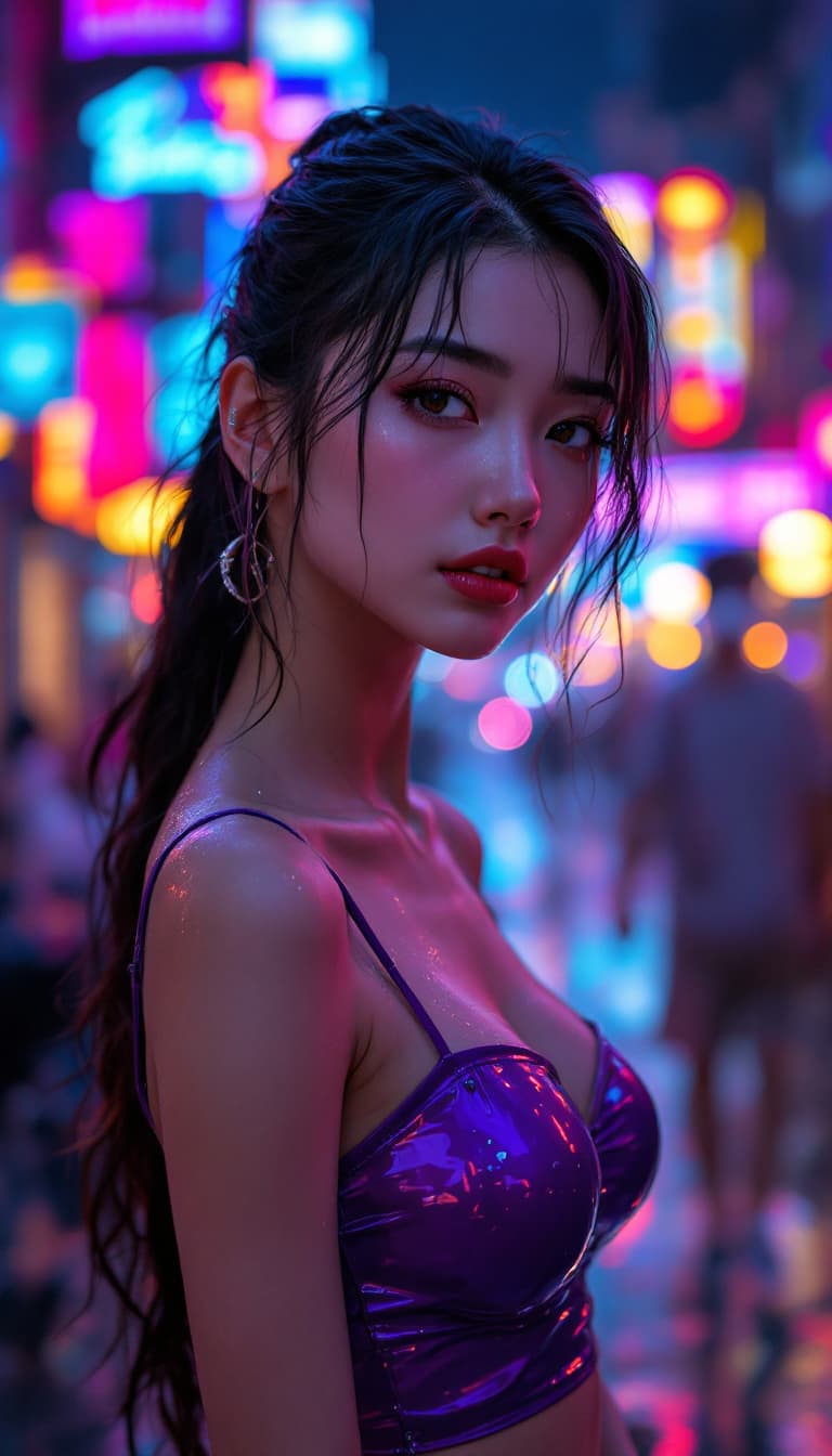 AI generated: a girl in a purple top in a neon city,in the style of chinapunk,iconic album covers,soft-focus portr...
