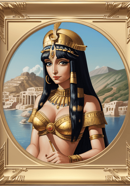AI generated: Cleopatra, caricature, landscape agent greek, golden sticks in cicle