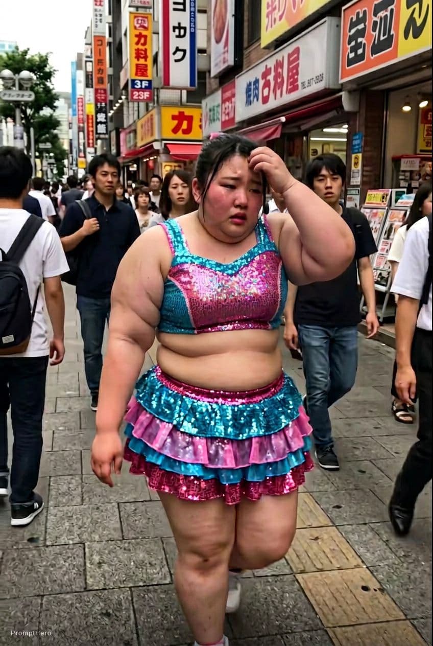 AI generated: Passerby video style scene, a young Asian female pop idol weighing around 1500 lbs struggles to walk...