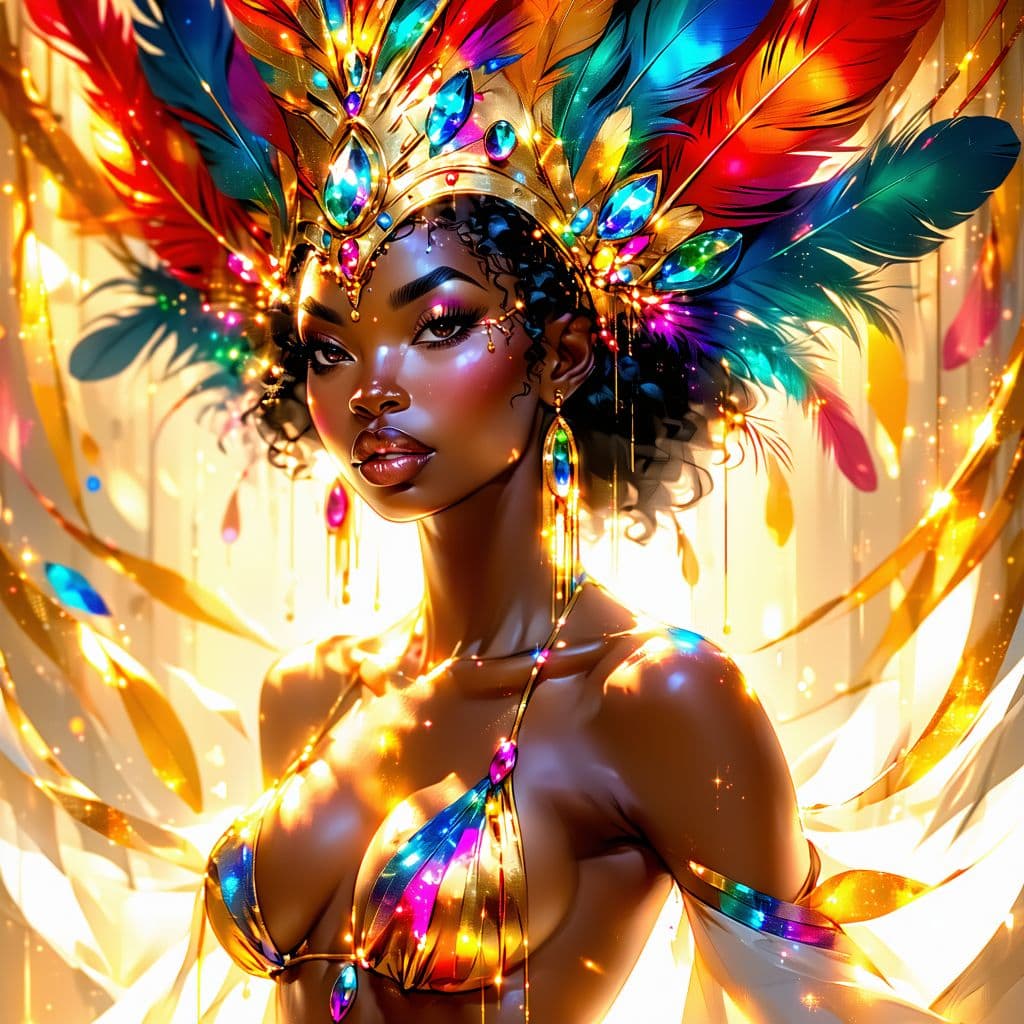AI generated: A radiant woman, athletic physique in a decorated bikini, adorned with a lavish crown of vibrant, co...