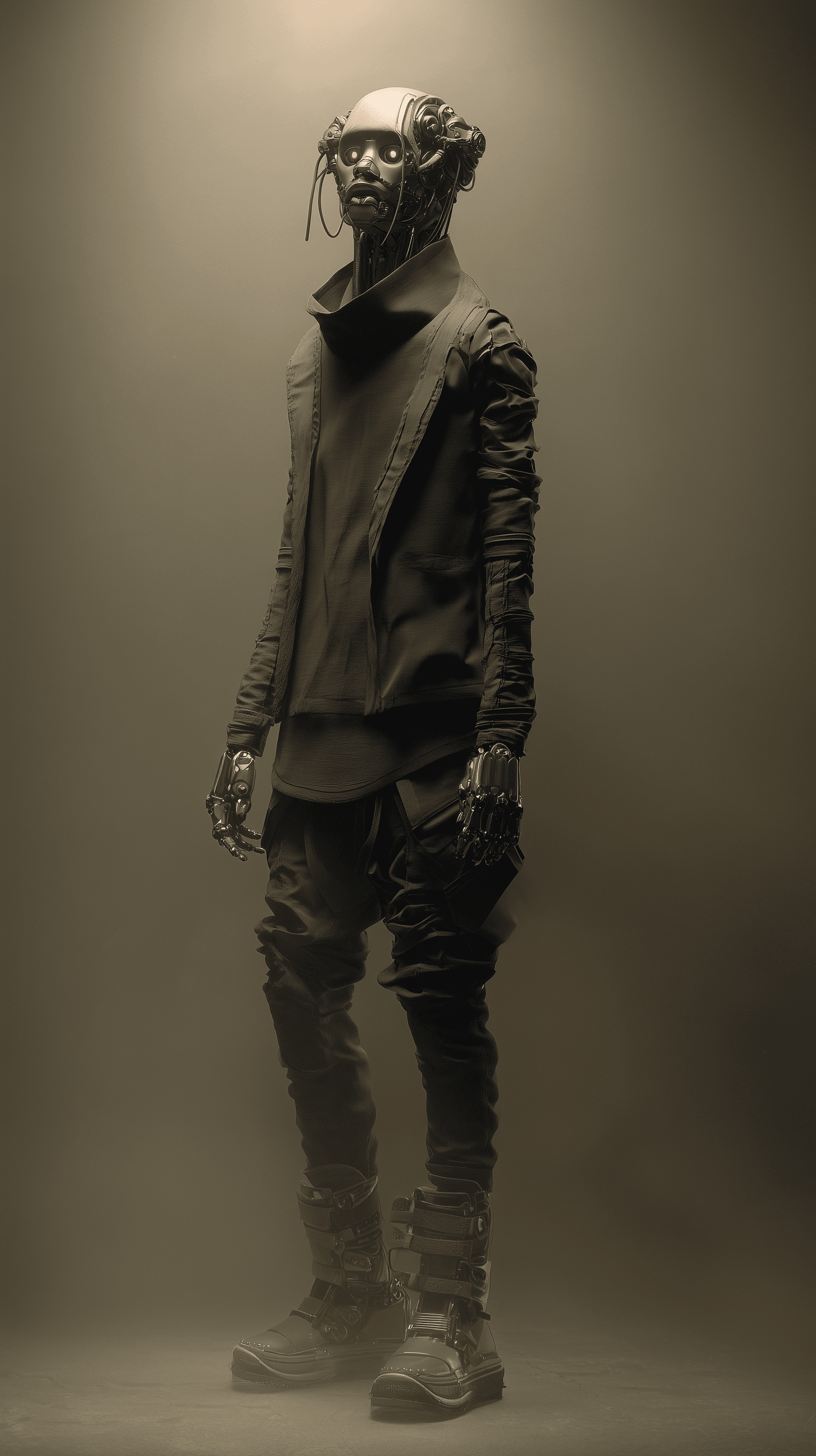 AI generated: photorealistic, full-body, horror humanoid, front, mechanical grotesque, wearing a muted futuristic ...