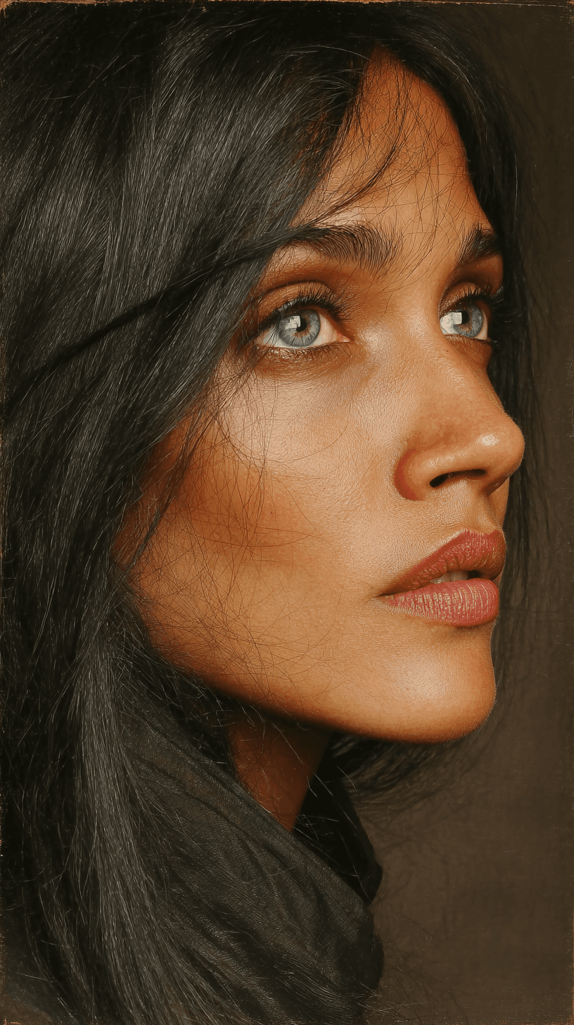 AI generated: close up potrait of a breathtakingly beautiful alluring Indian woman, with long black hair, dutch an...