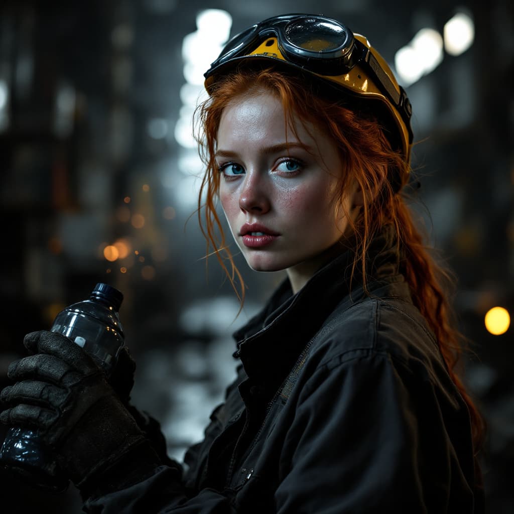 AI generated: A young red-haired woman working in a steel factory, wearing protective gear with a determined expre...