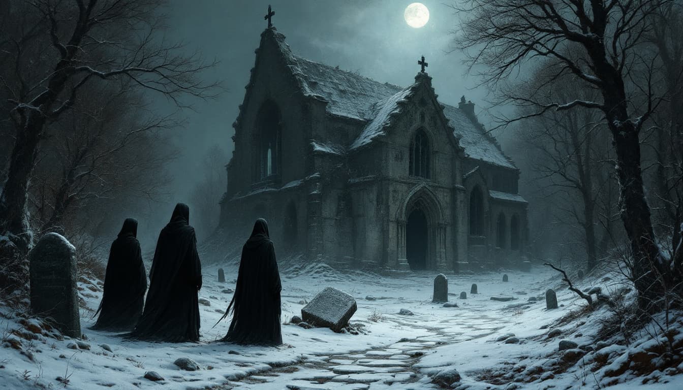 AI generated: A group of grim looking monks in black robes, standing around an ancient ruined church at night, win...