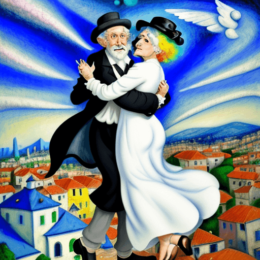 AI generated: An imaginative old Jewish man with a black hat and his Jewish wife in a white dress hug and fly over...