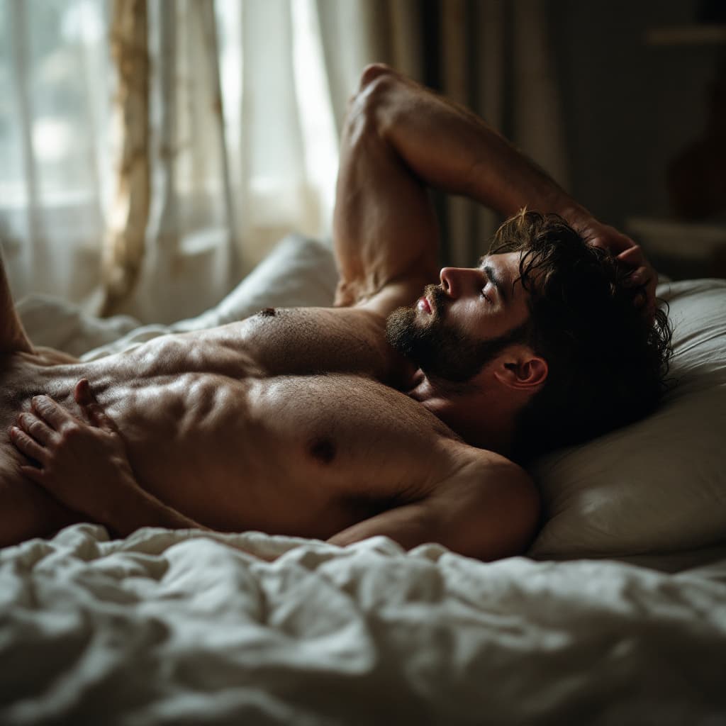 AI generated: male model naked laying on bed ,bulge ,cock,penis