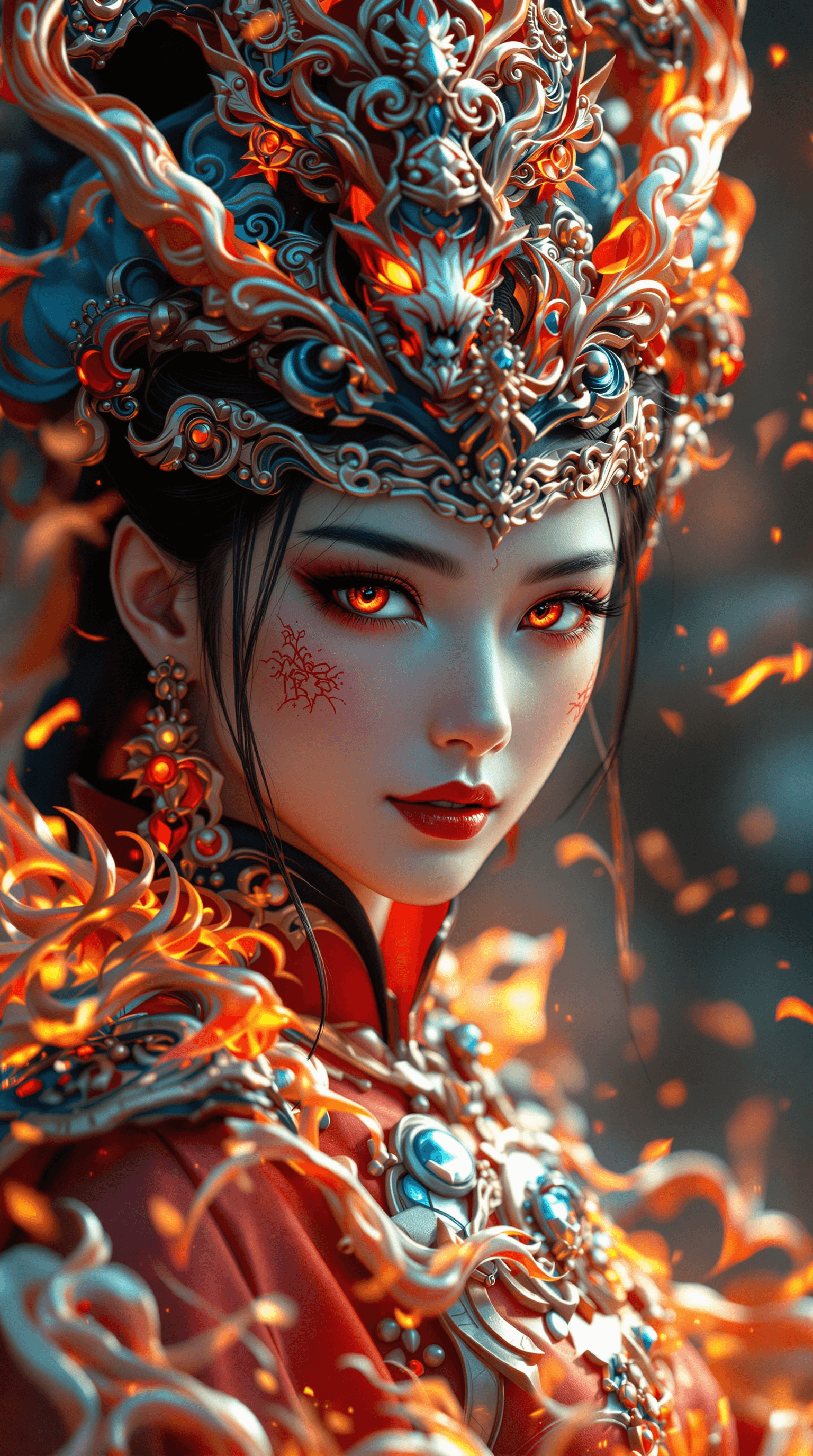 AI generated: a chinese character in a fiery costume with red eyes, in the style of realistic hyper-detailed portr...