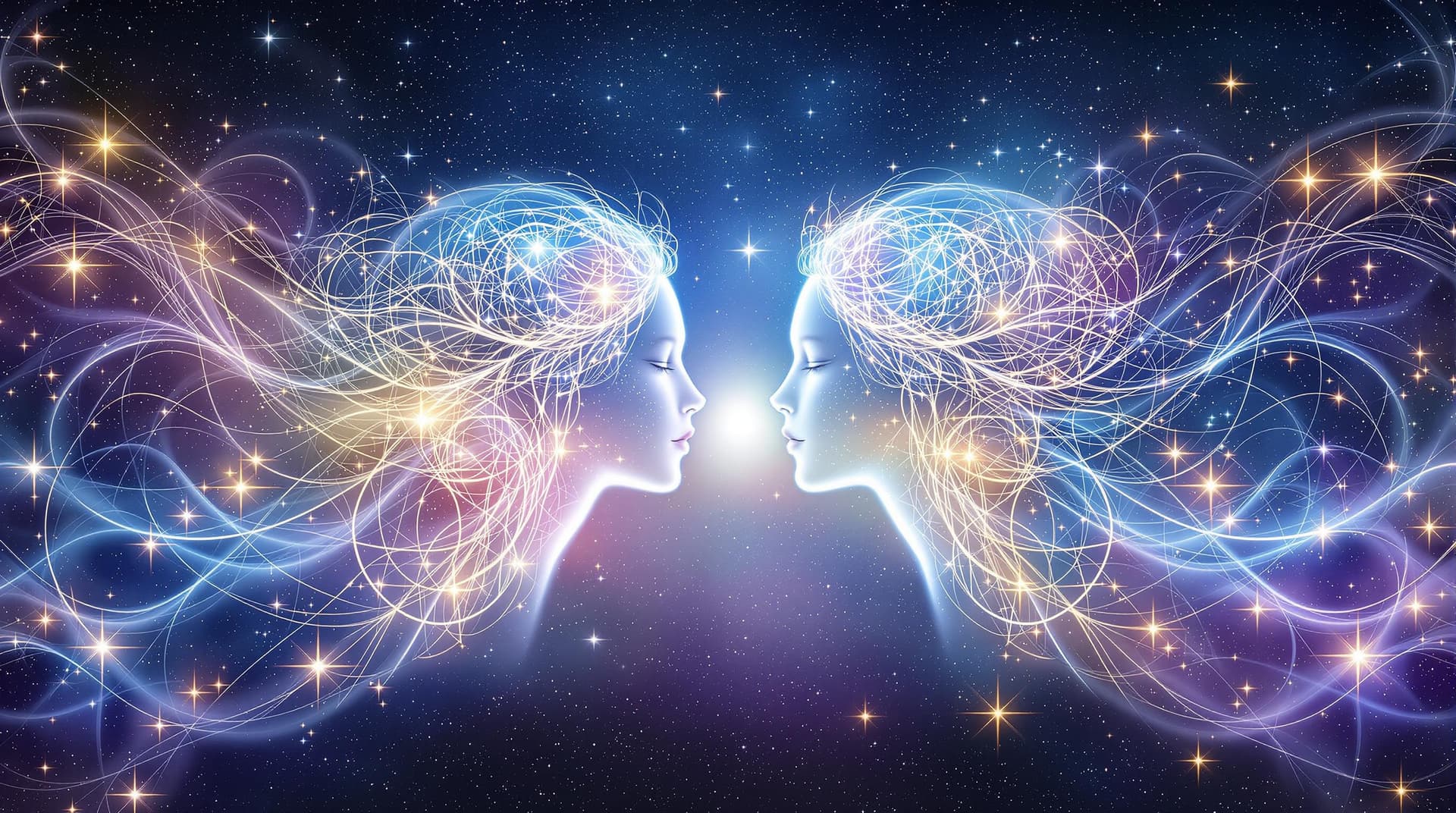AI generated: Digital dynamic angle artwork featuring zodiac two gemini ethereal female figures  each other in a c...