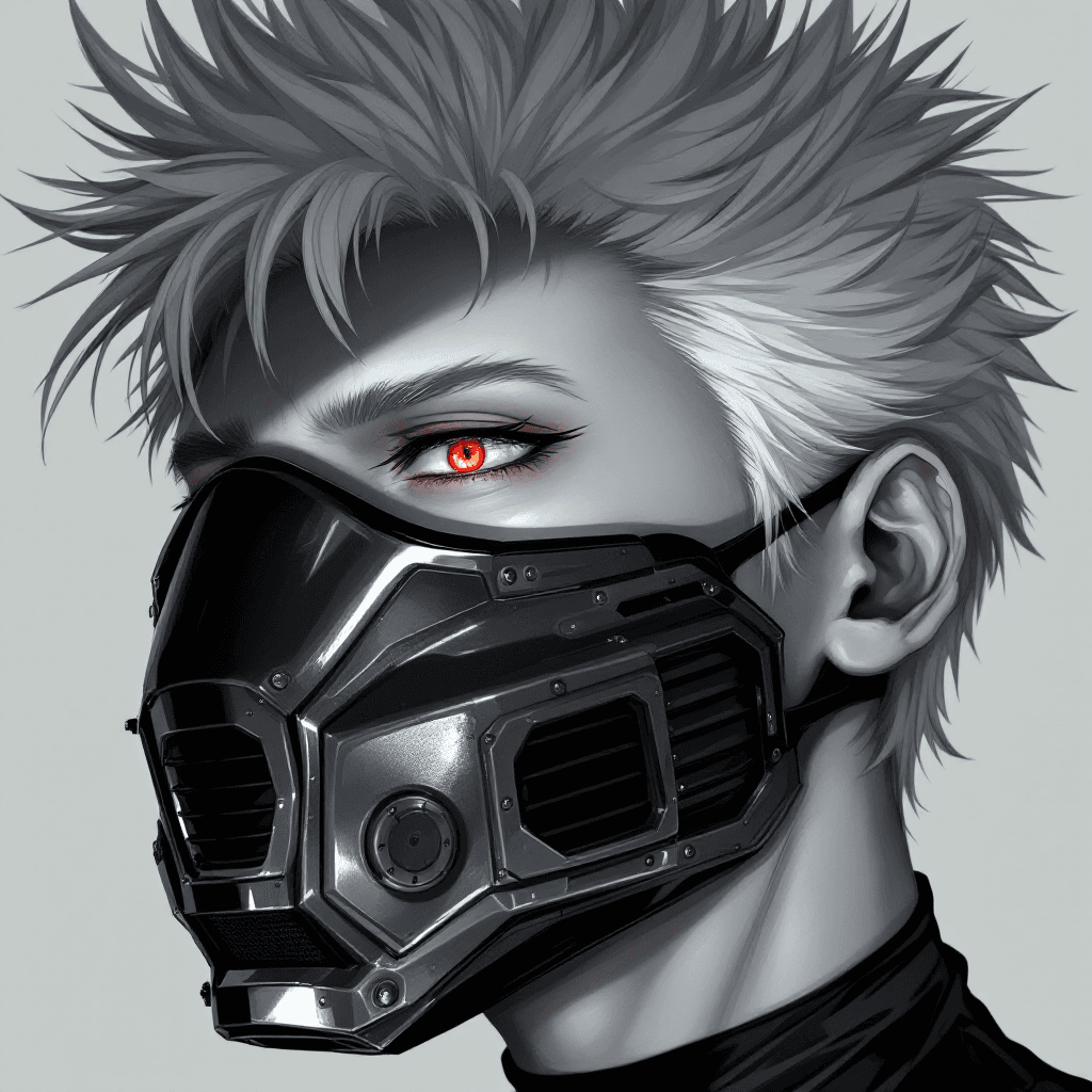 AI generated: A digital art close-up of a male character with white spiky hair, around 22 years old, wearing a glo...
