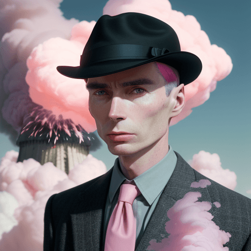 AI generated: half body portrait of [Robert Oppenheimer| Cillian Murphy], black and fedora hat, shaved haircut , s...