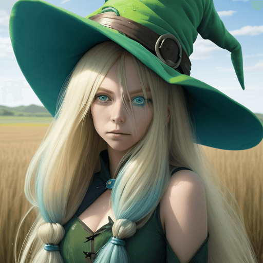 AI generated:  blonde hair with blue tips, long hair, blue eyes, witch hat, hair between eyes, in a plains field, ...