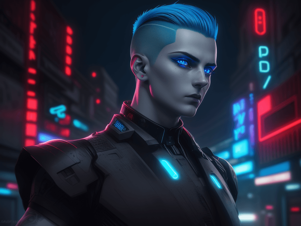 AI generated: blue eyes, shaved side haircut, hyper detail, cinematic lighting, magic neon, dark red city --ar 9:1...