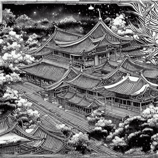 AI generated: Fantasy landscapes set in China, Chinese temple, Asian anime like, Asian anime film drawings::1.5, J...