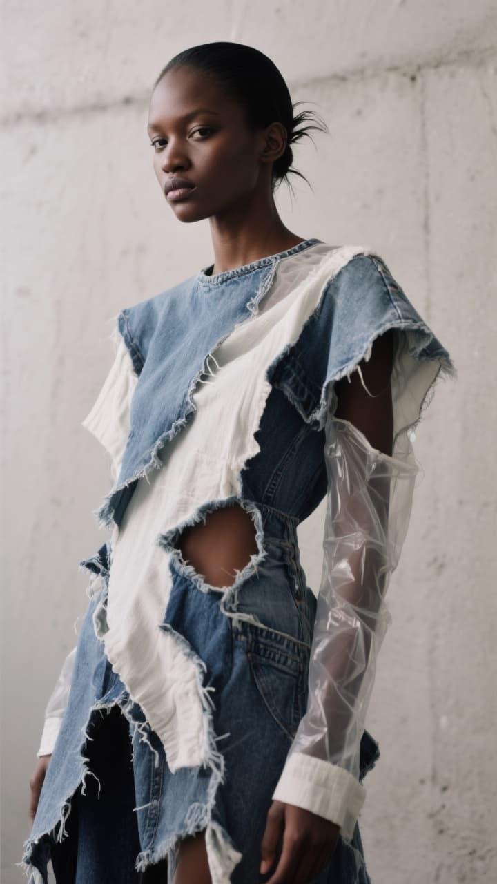 AI generated: High-fashion editorial portrait of a Black female model wearing avant-garde, deconstructed clothing....