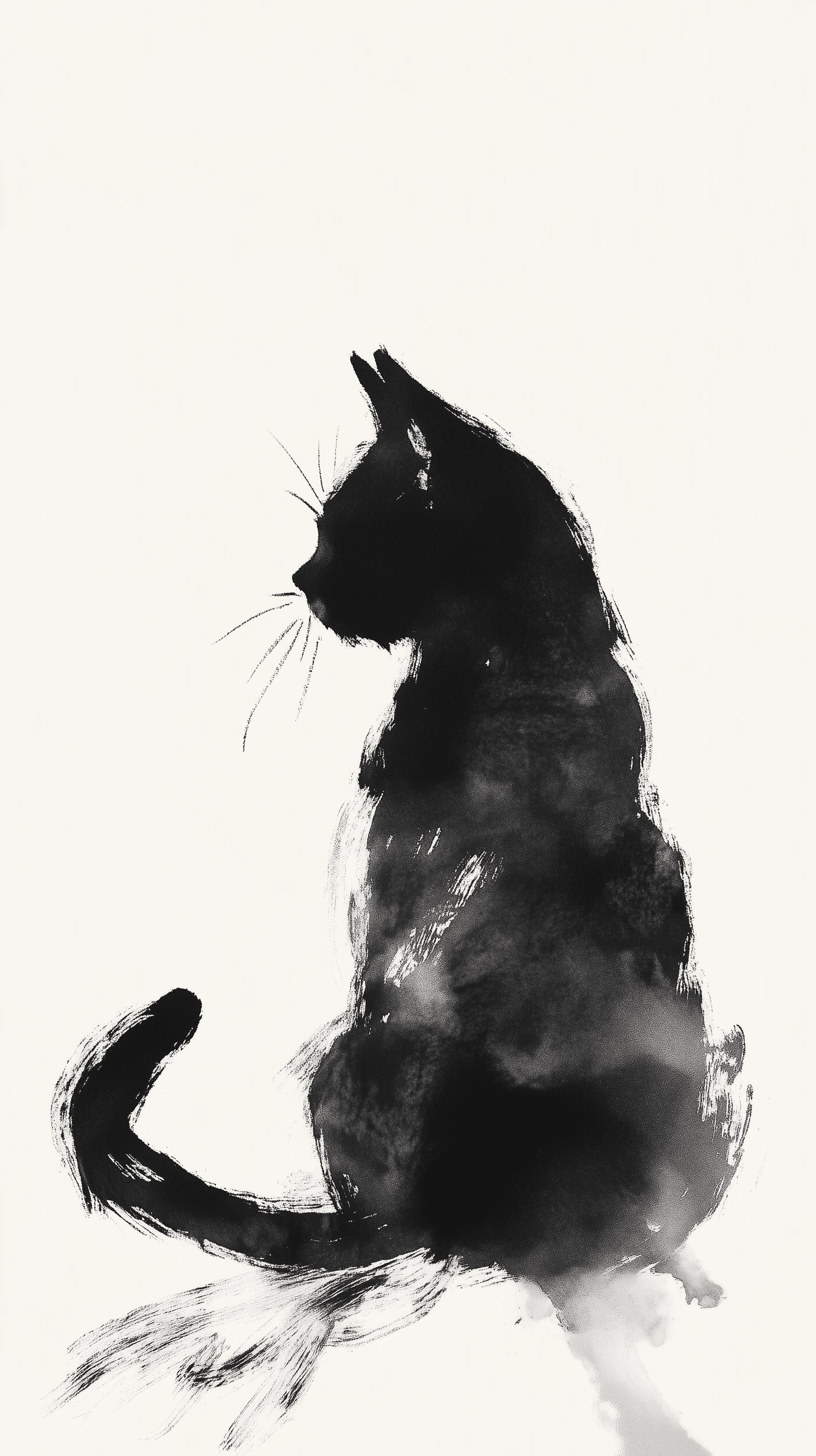 AI generated: ink drawing, sitting cat, sumi-e style on paper texture, monochromatic calligraphic brushwork, curve...