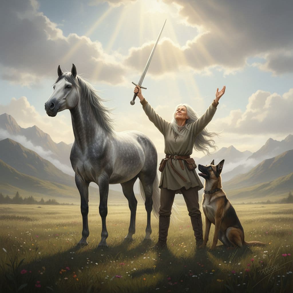 AI generated: old woman, standing, wearing belted tunic, sword raised, arms raised, looking up, eyes closed,  grey...
