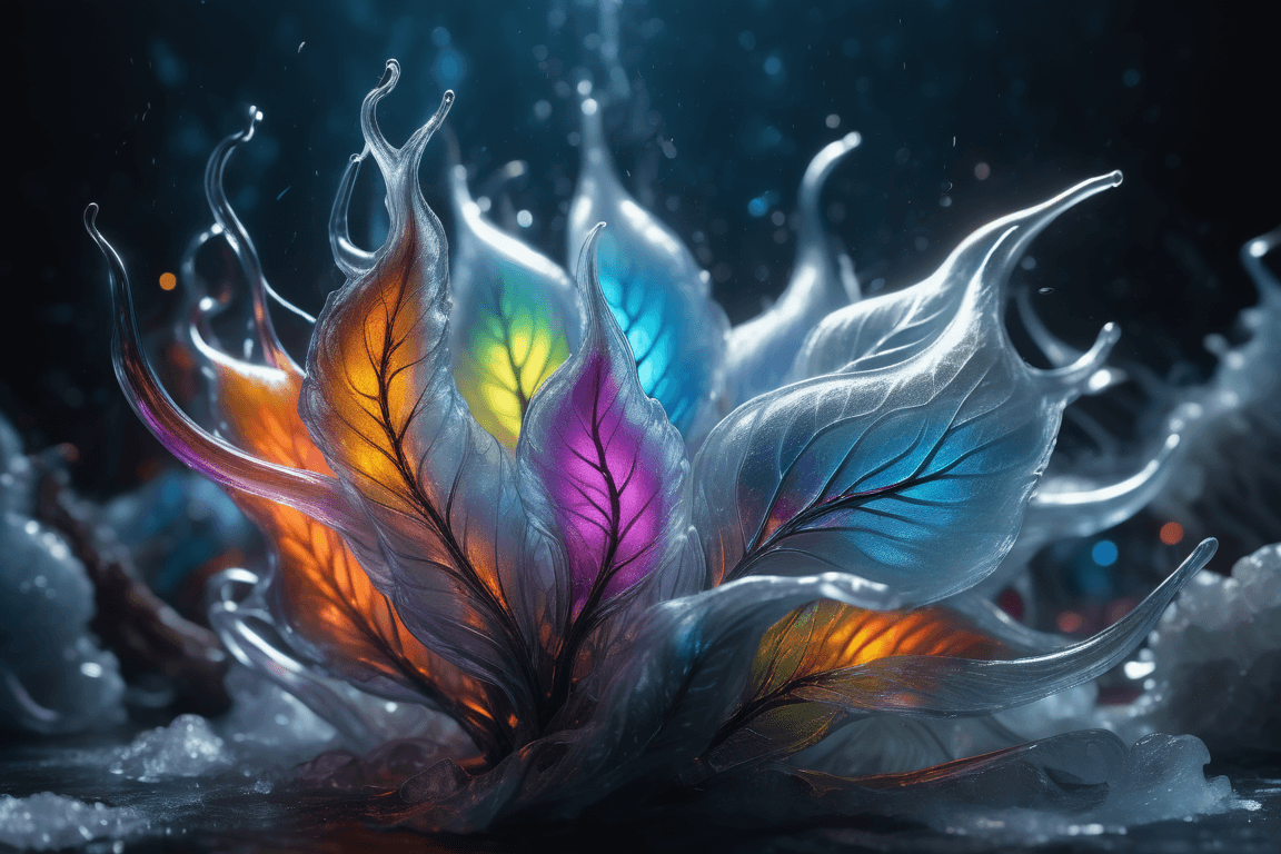 AI generated: oniric, fantastic world, univers, glass, ice, organic shape, veiny, mucilaginous, net, silver, neons...