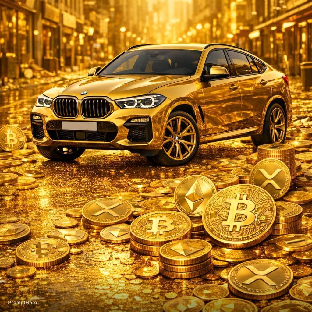 AI generated: carro BMW X6 en color oro, la calle es en color oro y hay muchas monedas de bitcoin, Ethereum, XRP