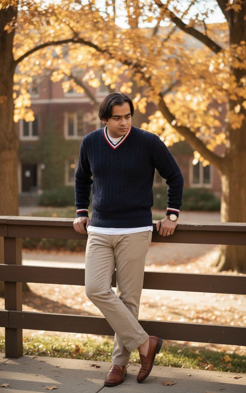 AI generated: Subject: An elegant late-20s man. Clothing: Navy blue cable-knit cricket sweater over a white t-shir...
