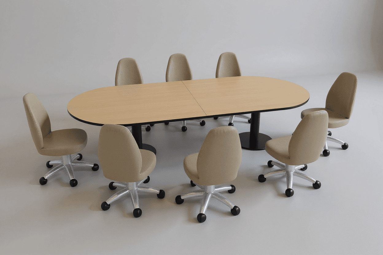 AI generated: Recreate this render as a photorealistic image. It’s a meeting table for 8 people, with a base made ...