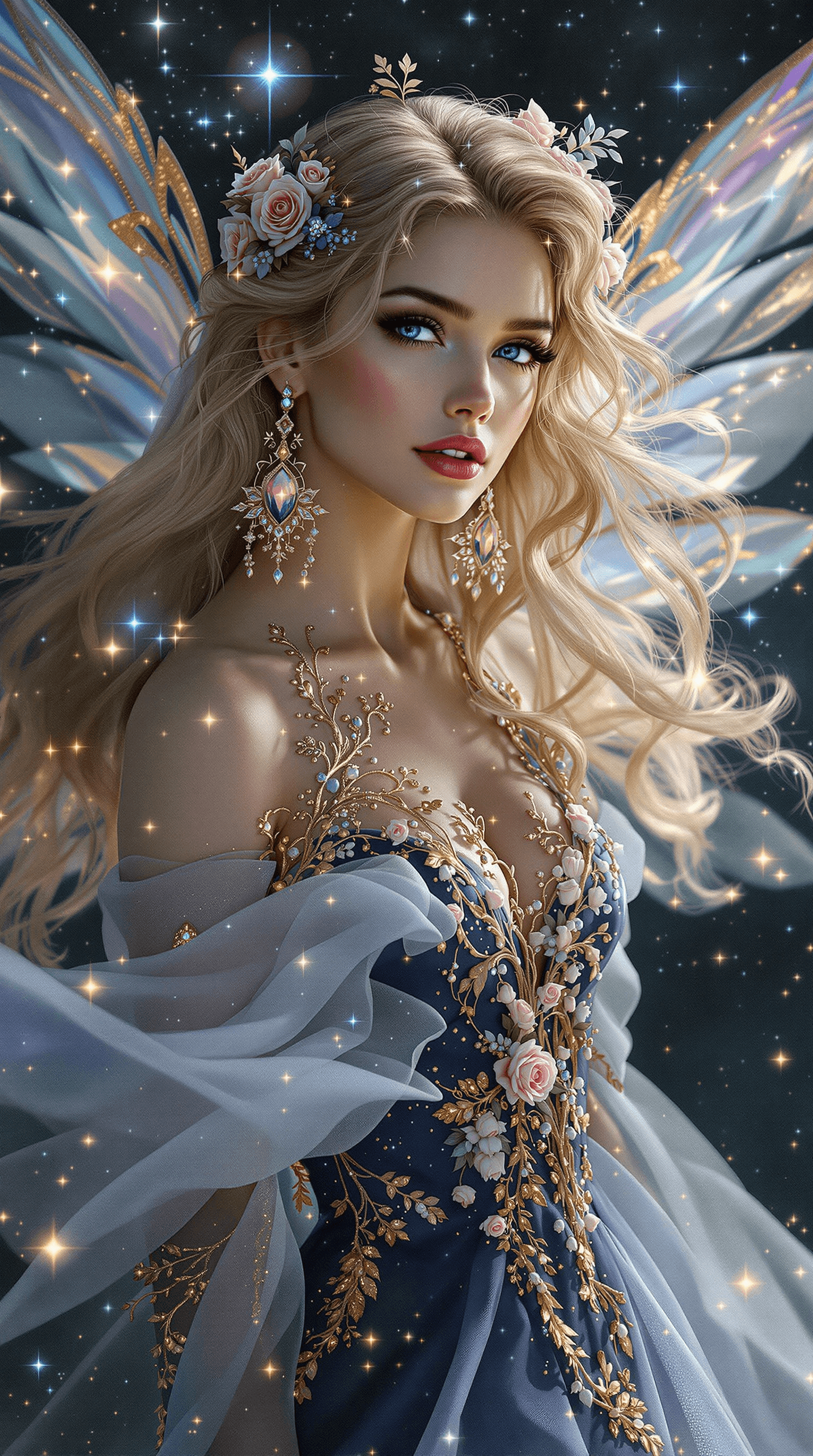 AI generated: A breathtaking celestial fairy woman with flowing golden-blonde hair and radiant, iridescent wings s...