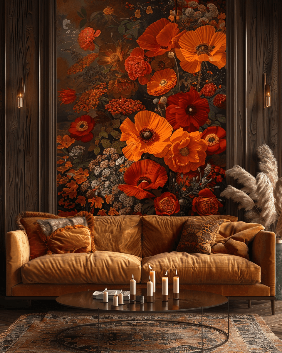 AI generated: A large wall mural of an autumn floral arrangement on the walls, featuring bold orange and red flowe...