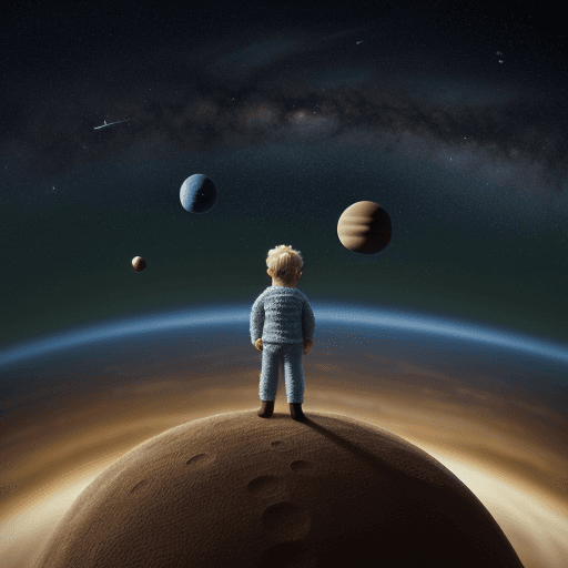 AI generated: the little prince standing on the little planet in the starry sky, saint exupery, crochet style and ...