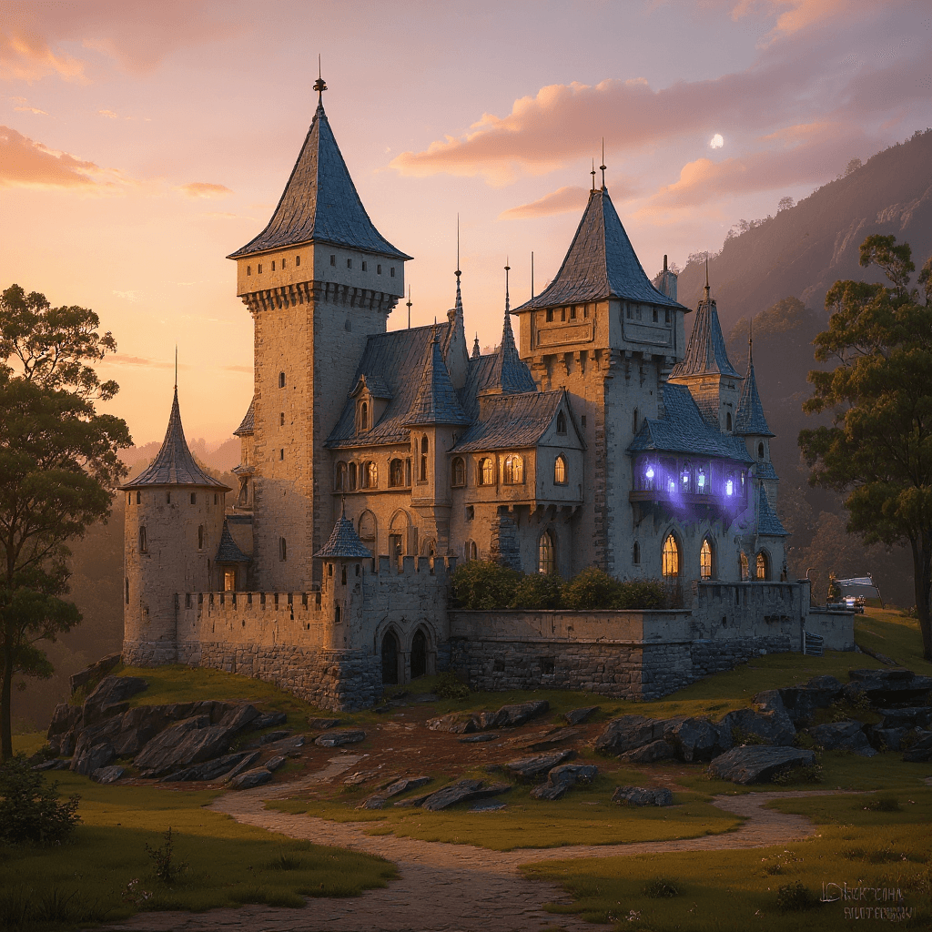 AI generated: Early morning sunrise a beautiful amazing castle similar to the very amazing Karlstein Castle that w...