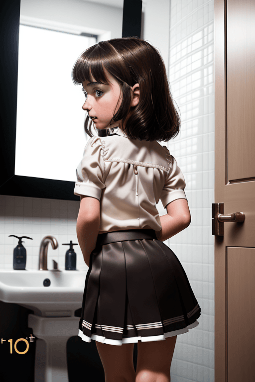 AI generated: 10 year old, little skirt brunette girl in bathroom with her back to camera as she looks back, profe...