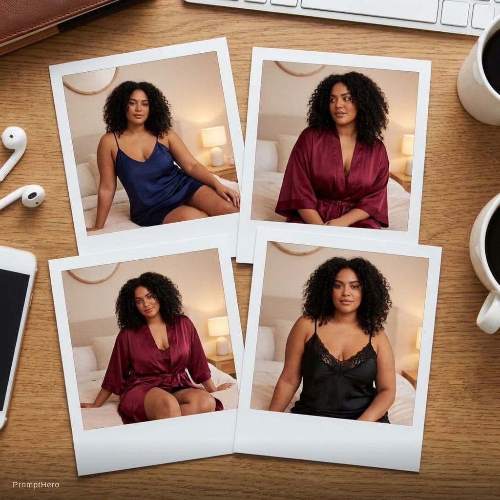 AI generated: Bbw girl wearing silk lingerie in different poses