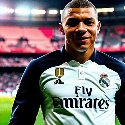 AI generated: photo, Kylian Mbappe holding up and kissing a Real Madrid shirt, wearing a slick black suit, full-bo...