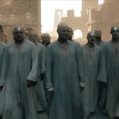 AI generated video: The sun highlights the scars on the faces of the people walking in a line through the ruins of a dys...