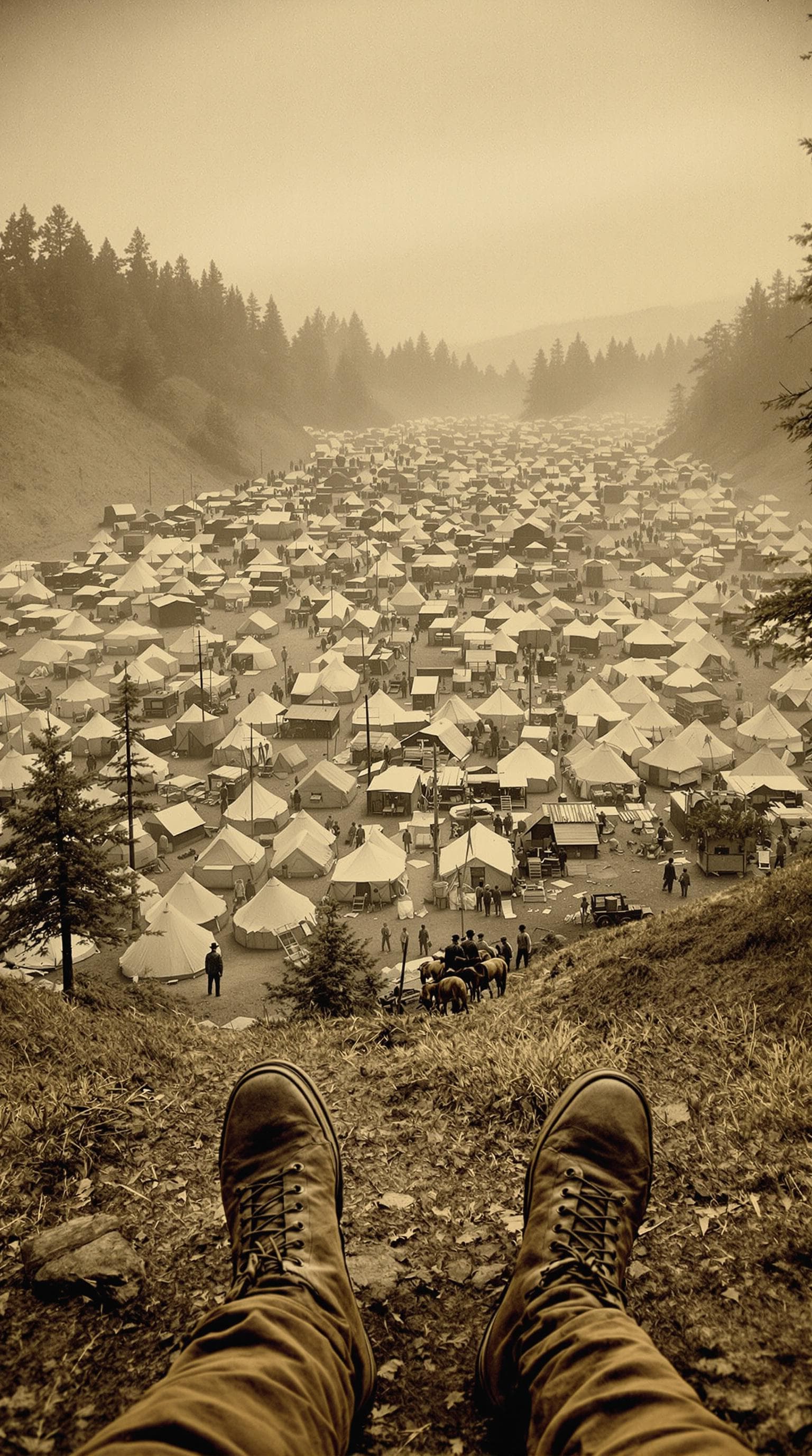 AI generated: first person POV, weary 1849 boots atop dusty hill overlooking sprawling gold rush camp, hundreds of...