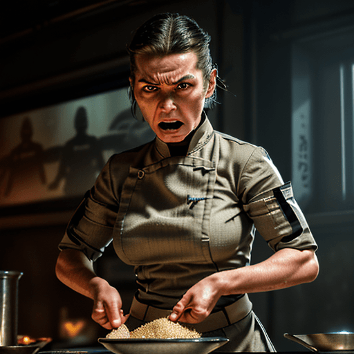 AI generated: restaurant, aggressive female cook, intricate highly detailed sand-colour cloth uniform, sci-fi, fut...