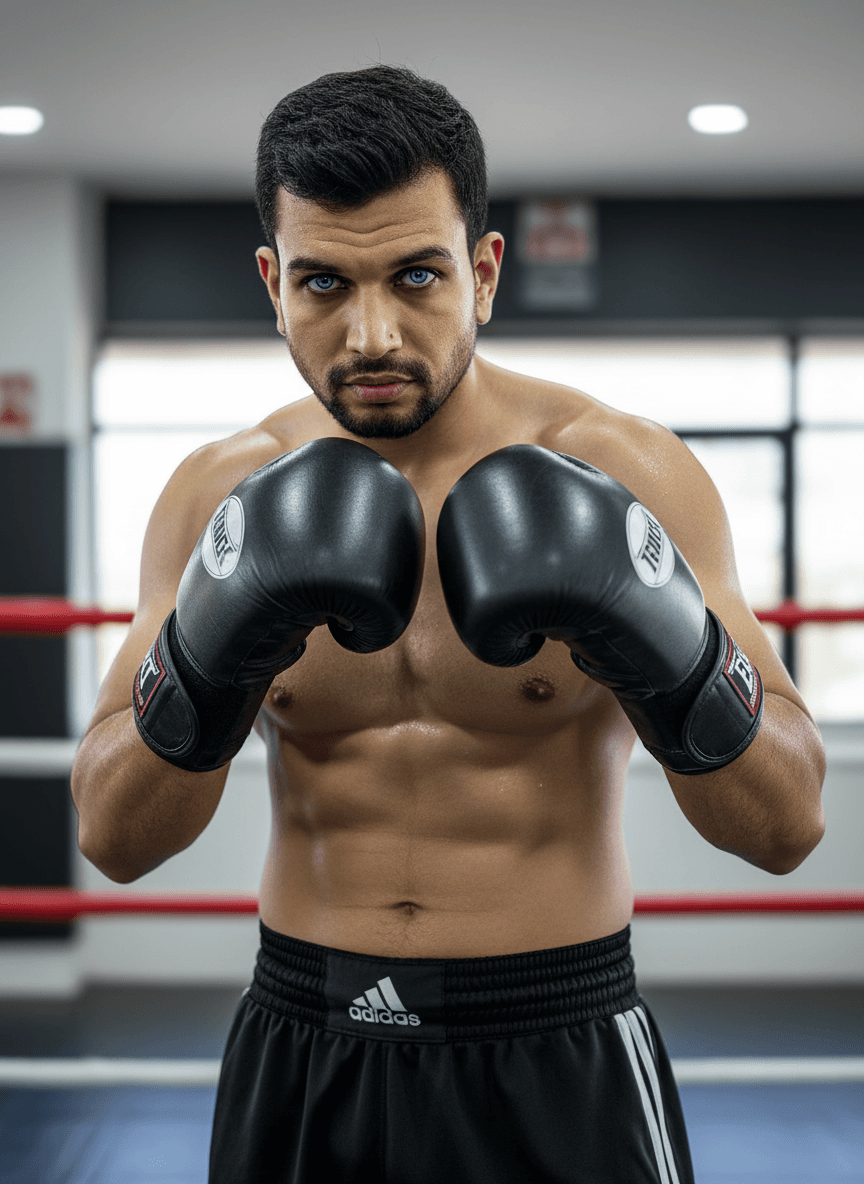 AI generated: photograph, ring, male model boxer, blue eyes with detail, using camera setting simulating wide aper...