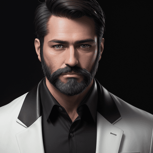 AI generated: Portrait of a man businessman. Description: Manly face with neat black beard and short hair, brown e...