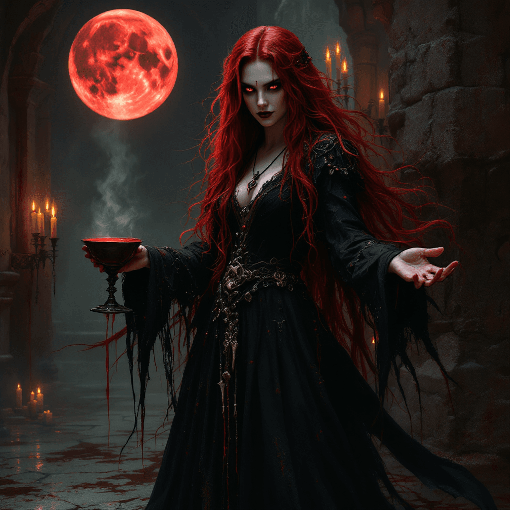 AI generated: The Blood Witch of the Crimson Moon: A mysterious sorceress with long, flowing, crimson hair that se...