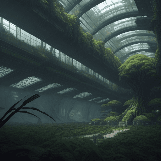 AI generated: lush vegetation inside a huge sci-fi space station, trees with roots braid the walls, vegetation, gi...