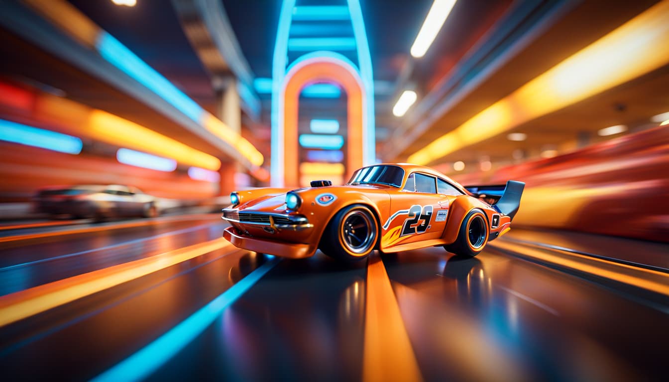 AI generated: cinematic CG 8k wallpaper, action scene from Hot Wheels tabletop racing game, perfect symmetric cars...