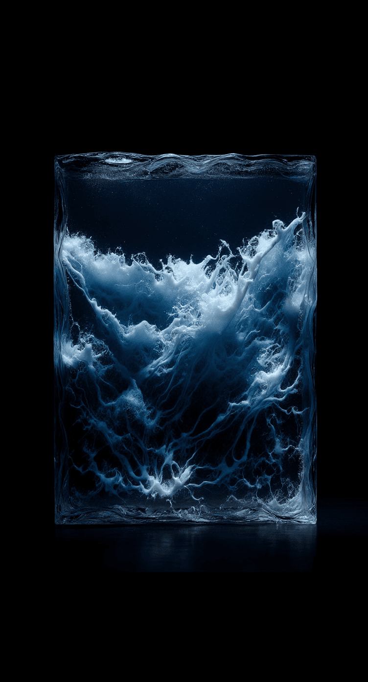 AI generated: conceptual image, waves in a clear box, solid black backdrop --ar 9:16 --raw --profile f775fdj --sty...