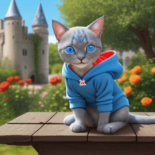 AI generated: blue eyes, gray cute little cushi cat, full of colors, sitting on a old wood table, looking at viewe...